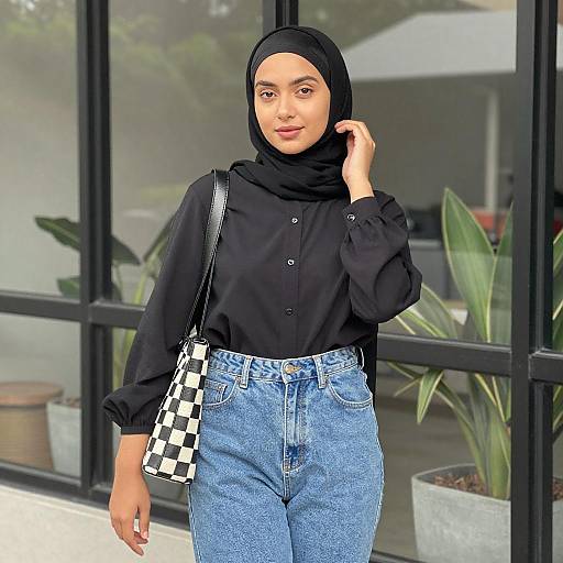 Young Woman with Hijab and Checkered Purse