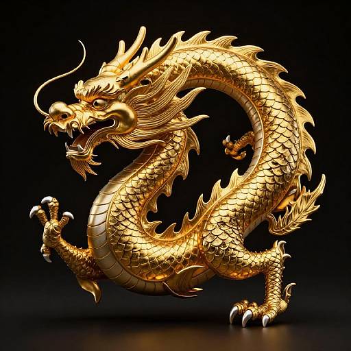 Photorealistic digital illustration of a golden, serpentine dragon with fierce expression, sharp claws, and intricate scales, set against a black background.