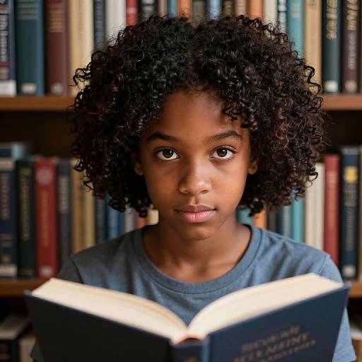 Photograph of a young Black boy with curly hair, dark skin, and brown eyes, reading a book in a library. Background features colorful booksh