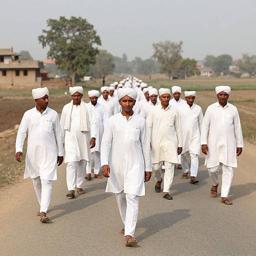 Photograph of a group of men walking on a rural road, dressed in white traditional attire and white turbans, under a hazy sky with trees