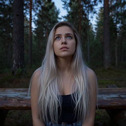 Photograph of a blonde woman with long, straight hair, blue eyes, and fair skin, wearing a black tank top, sitting on a wooden bench