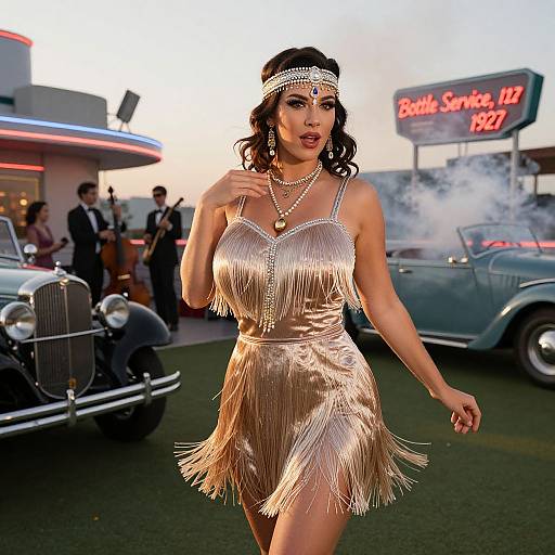 Photograph of a glamorous woman in a fringed, gold dress and headpiece, walking confidently in front of classic cars and a 