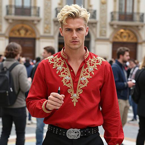 Photograph of a blonde, blue-eyed man with styled hair, wearing a red shirt with gold embroidery, holding a pen, standing in a crowded,