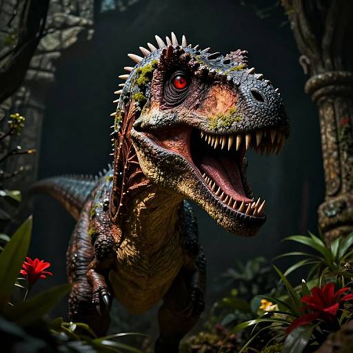 Digital artwork of a vividly colored, menacing velociraptor with sharp teeth and glowing red eyes in a dark, lush forest filled with vibrant flowers.