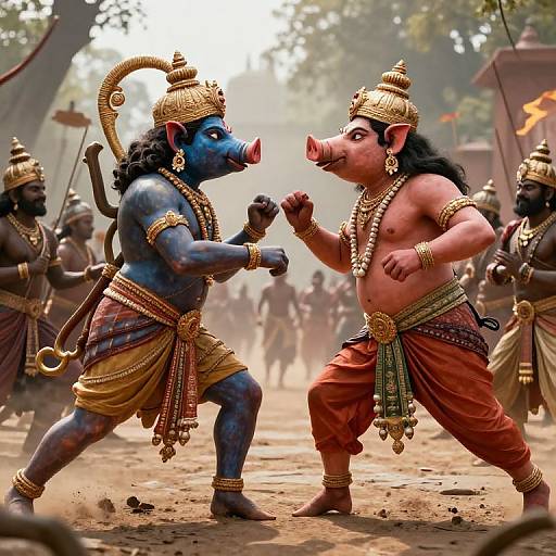 Photorealistic CGI of a blue-skinned, muscular god with a boar face and a pink-skinned, muscular god with a pig face,