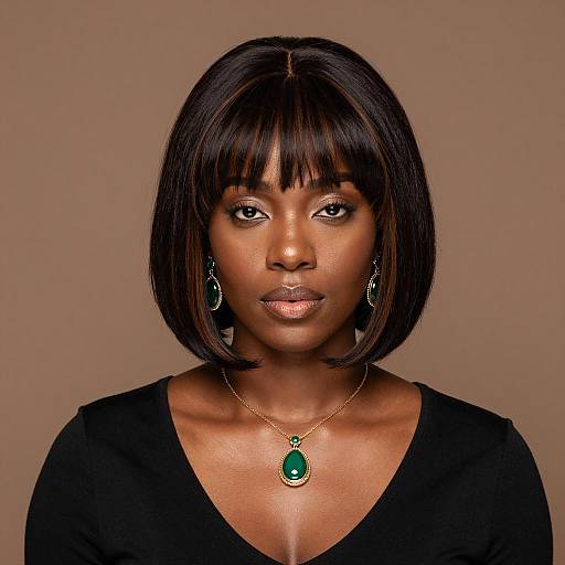 Portrait of Black Woman with Bob Haircut and Green Jewelry