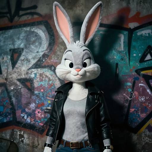 Photorealistic CGI of a gray, anthropomorphic rabbit with pink inner ears, wearing a black leather jacket and gray shirt, standing against a colorful,