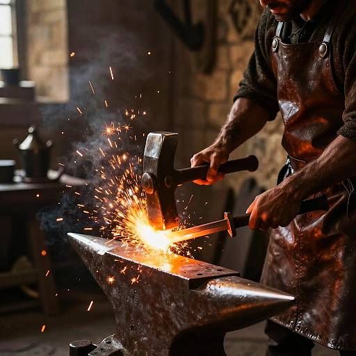 Photograph of a blacksmith in a dimly lit, rustic workshop, striking a glowing orange-hot piece of metal on a sparking anvil with a