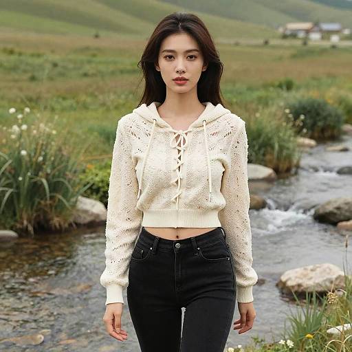 Photograph of an Asian woman with long dark hair, wearing a white lace crop hoodie and black high-waisted jeans, standing by a flowing creek