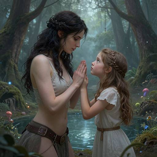 Digital fantasy artwork: A dark-haired woman in white crop top and brown belt stands by a mystical forest pond, praying with hands clasped as a blonde