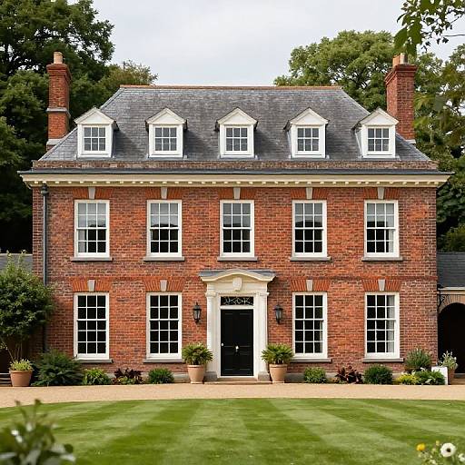 Photograph of a stately, red-brick, Georgian-style mansion with a gray slate roof, white trim, three dormers, symmetrical windows