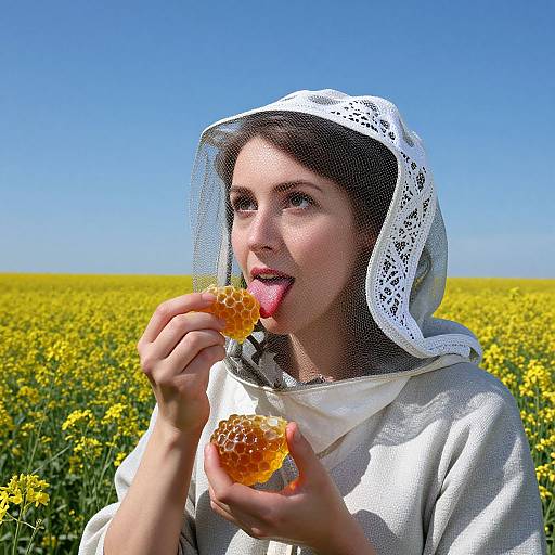 Photograph of a young woman with fair skin, dark hair, and wearing a white lace bonnet, licking a honeycomb, standing in a bright