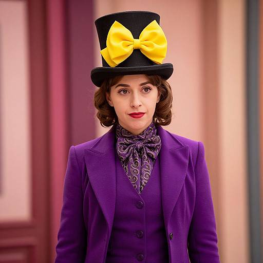 Photograph of a fair-skinned woman with red lipstick, brown wavy hair, wearing a purple suit, black top hat with yellow bow, and