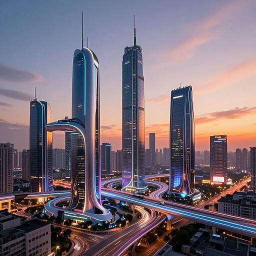 Photograph of a futuristic cityscape at sunset, featuring three tall, illuminated skyscrapers with sleek, curved designs, surrounded by glowing traffic lights and