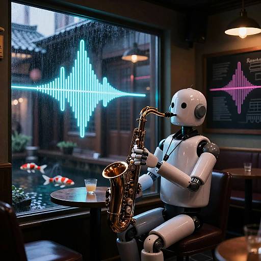 Photograph of a white humanoid robot playing a golden saxophone at a dimly-lit café with neon blue and pink lights outside.