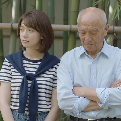 Young Woman and Elderly Man in Bamboo Setting