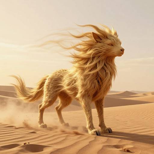 Photorealistic digital art of a golden, wind-blown wolf standing in a sunlit, sandy desert with rippled dunes and a dust trail