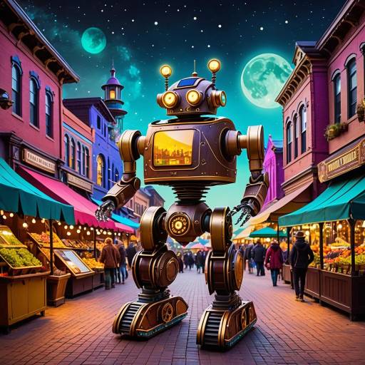 Steampunk Solar Robot in Colorful Marketplace