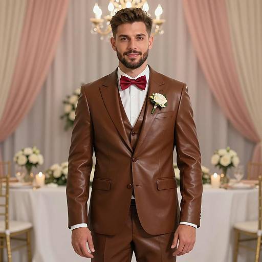 Groom in Brown Leather Suit with Red Bow Tie