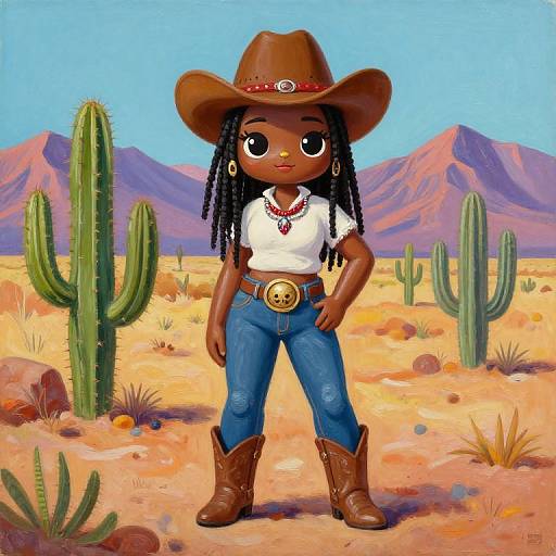 Digital illustration of a dark-skinned girl with dreadlocks in a brown cowboy hat, white shirt, blue jeans, and boots, standing in a desert
