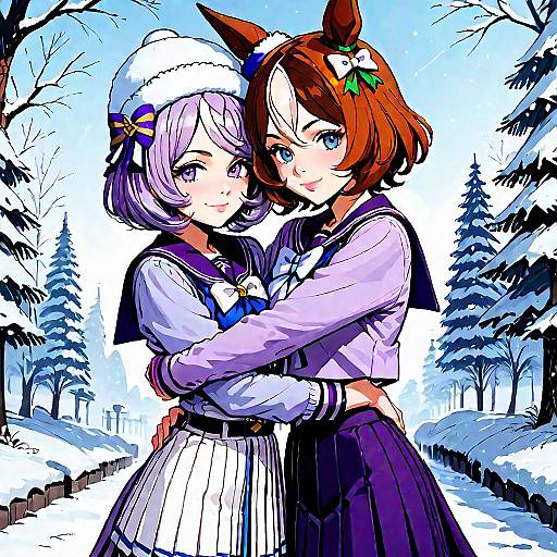 Winter Embrace: Purple Serafuku Schoolgirls