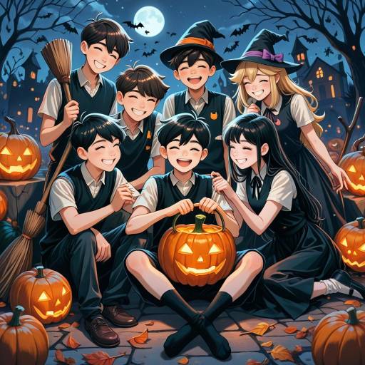 Halloween Gathering: Joyful Friends and Jack-o'-Lanterns