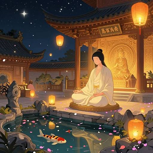 Digital illustration of a serene Asian woman in a white robe meditating by a lantern-lit pond with koi fish, surrounded by traditional temple architecture at