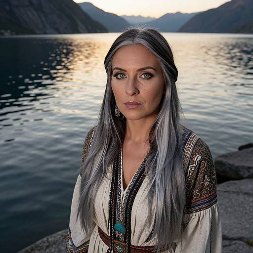 Photograph of a woman with long silver hair, wearing a traditional embroidered top, standing by a calm, reflective lake at sunset. Mountainous background.