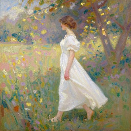 Impressionist painting of a young woman in a white dress walking through a colorful, sunlit meadow with blooming flowers and trees.