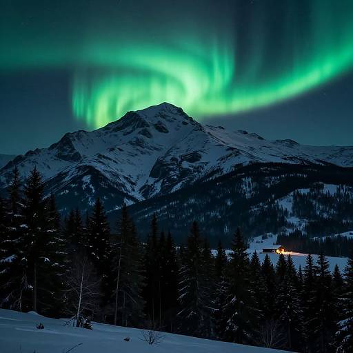 Photograph of a snow-covered mountain at night, illuminated by vibrant green Northern Lights, with dark evergreen trees in the foreground.