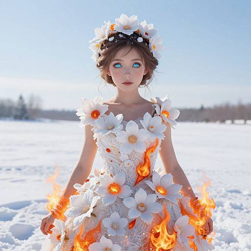Photograph of a young girl with blue eyes, wearing a white floral dress adorned with flaming flowers, standing in a snowy field.
