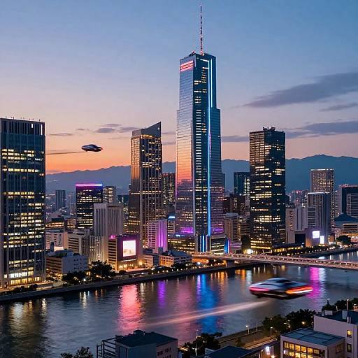 Photograph of a vibrant city skyline at dusk, featuring illuminated skyscrapers, a river with colorful reflections, and a UFO in the sky.