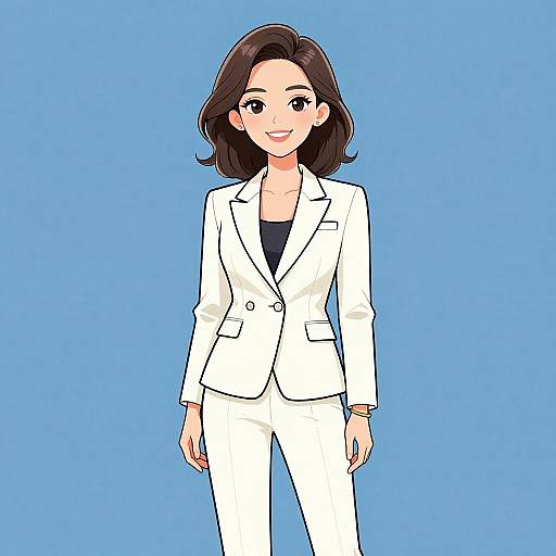 Chic Smiling Woman in White Pantsuit