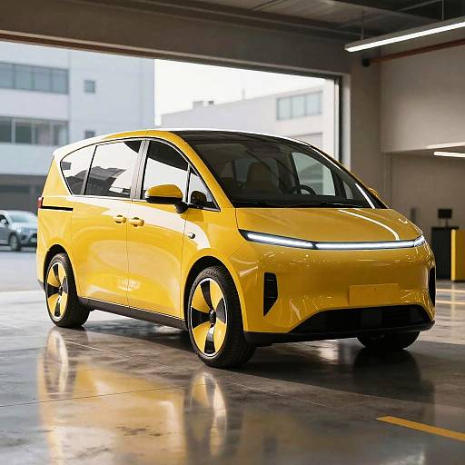 Photograph of a bright yellow compact hatchback car with sleek design, black accents, and yellow wheels, parked in a modern, well-lit garage