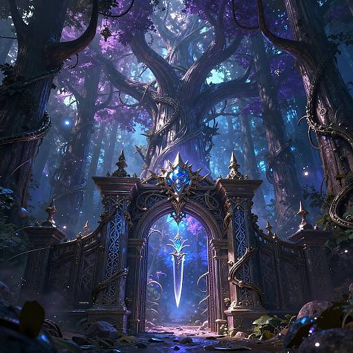 Digital fantasy artwork: Enchanted forest archway with intricate metalwork, glowing blue and purple lights, luminescent sword, and ethereal trees