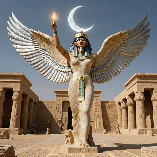 Photograph of an ancient Egyptian winged goddess statue holding a torch, with a crescent moon above, standing in a sunlit temple courtyard.