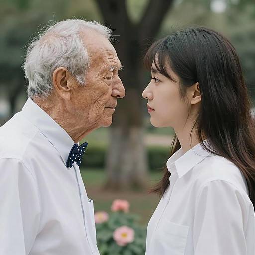 Elderly man and young woman facing each other