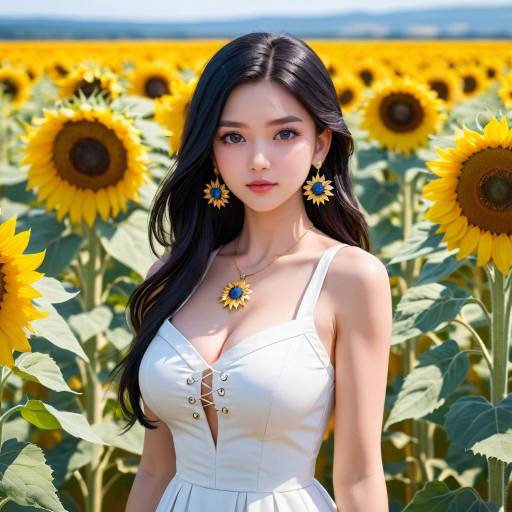 Woman in White Dress Among Sunflowers