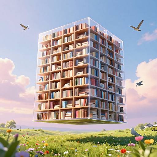 Photorealistic CGI of a floating, multi-story library with colorful book-filled balconies, surrounded by green grass, flowers, and flying birds.