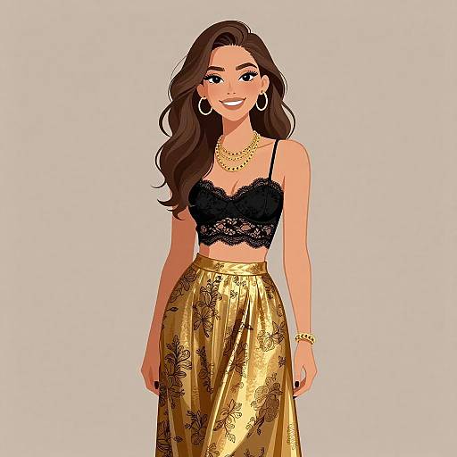 Digital illustration of a smiling woman with long brown hair, wearing a black lace crop top and gold floral skirt, accessorized with gold jewelry, against a