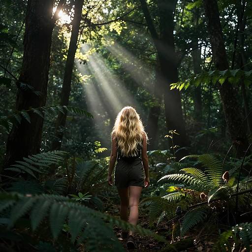 Photograph of a blonde woman with long hair, wearing a black top and shorts, walking through a dense, sunlit forest with rays of light filtering