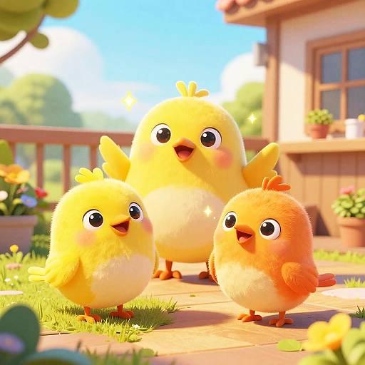 CGI image of three cute, fluffy, yellow and orange baby chickens with big eyes and cheerful expressions standing on a sunlit patio.