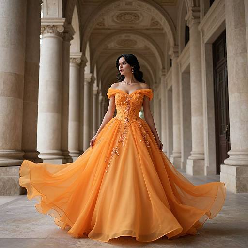 Photograph of a woman in an off-shoulder, vibrant orange, floor-length gown with sparkling embellishments, walking in a grand, colonn