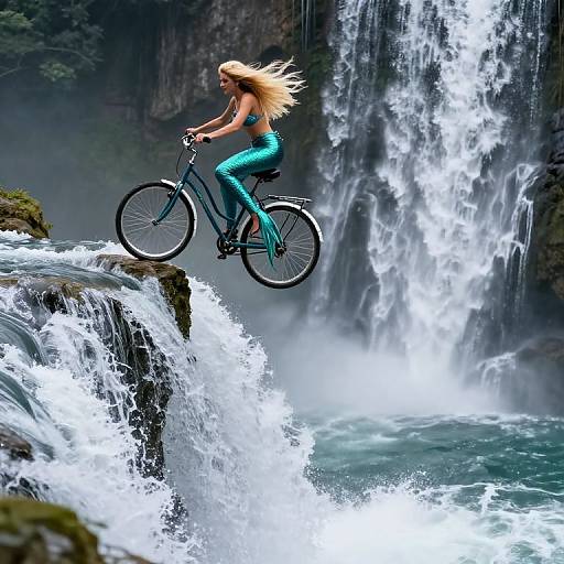 Photograph of a blonde woman in turquoise athletic wear and black bike, mid-jump over a powerful waterfall on a rocky ledge.