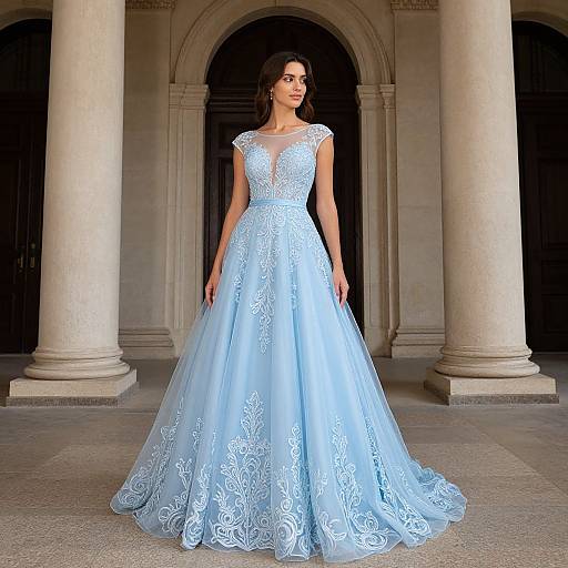 Photograph of a woman in a light blue, lace-embellished, floor-length gown, standing in an arched, columned building.