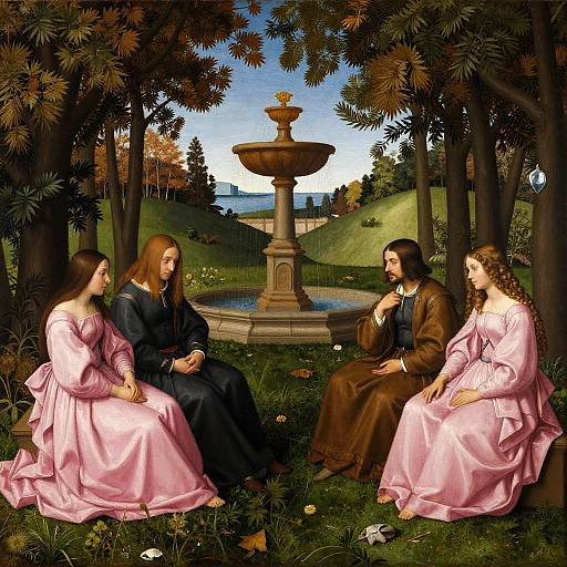 Renaissance-style painting of Jesus with long brown hair, beard, blue robe; two women in pink dresses, sitting by a stone fountain in a