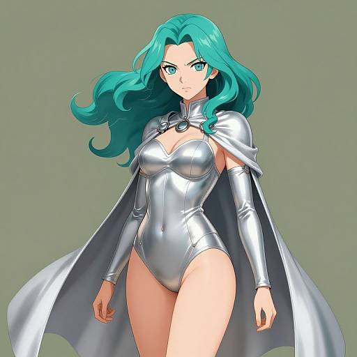 Digital anime-style drawing of a blue-haired woman with green eyes, wearing a shiny silver bodysuit and cape, standing confidently against a green background.