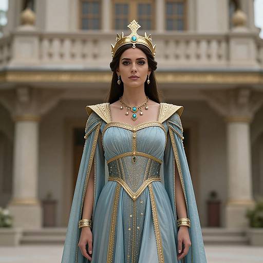 Photograph of a regal woman in a light blue, ornate gown with gold trim, wearing a gold crown and necklace, standing in front of