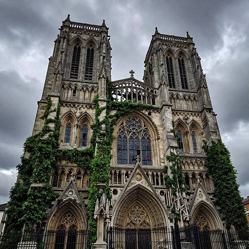 Photograph of Notre-Dame Cathedral with ivy-covered Gothic architecture, towering twin towers, intricate stone carvings, and dark, cloudy sky backdrop