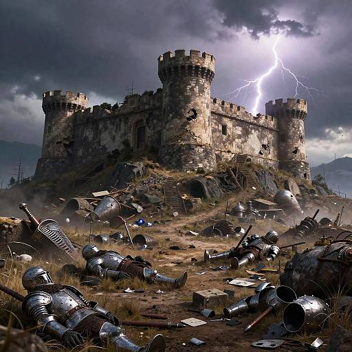 Ancient Fortress Amidst Desolate Battlefield
